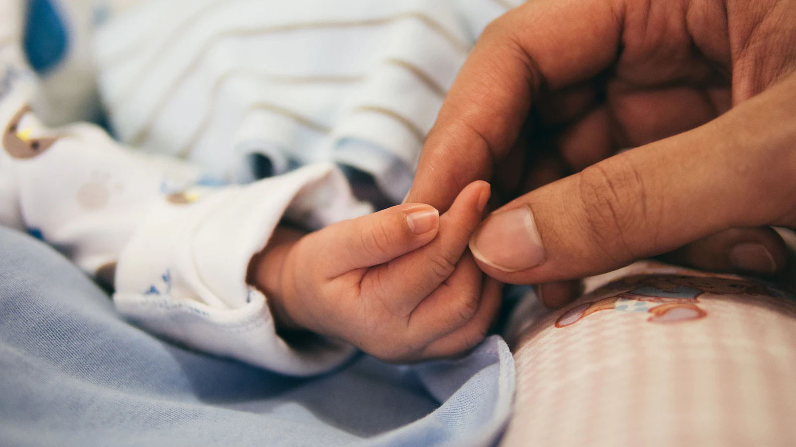 A newborn baby holding an adult's finger